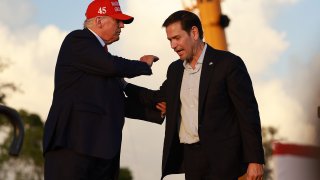 MIAMI, FLORIDA – NOVEMBER 06: Former U.S. President Donald Trump stands with Sen. Marco Rubio (R-FL) during a rally at the Miami-Dade County Fair and Exposition on November 6, 2022 in Miami, Florida. Rubio faces U.S. Rep. Val Demings (D-FL) in his reelection bid in Tuesday’s general election. (Photo by Joe Raedle/Getty Images)