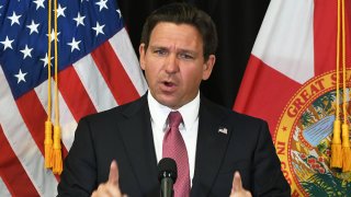 SANFORD, FLORIDA, UNITED STATES – 2024/04/08: Florida Gov. Ron DeSantis speaks at a press conference in Sanford, Florida where he signed legislation to increase penalties on individuals who expose law enforcement officers to fentanyl, and to bring awareness to life-saving measures for someone experiencing an opioid overdose. (Photo by Paul Hennessy/SOPA Images/LightRocket via Getty Images)