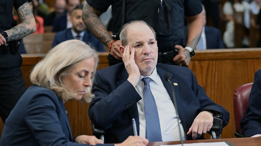 NEW YORK, NEW YORK – MAY 1: Former film producer Harvey Weinstein appears at a hearing in Manhattan Criminal Court on May 1, 2024 in New York City. This is his first public appearance since the New York State Court of Appeals overturned his 2020 rape conviction on April 25.