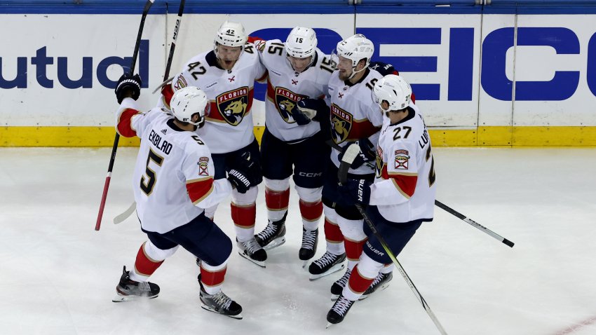 NEW YORK, NEW YORK – MAY 30: Anton Lundell #15 of the Florida Panthers celebrates with teammates after a goal during the third period against the New York Rangers in Game Five of the Eastern Conference Final of the 2024 Stanley Cup Playoffs at Madison Square Garden on May 30, 2024 in New York City. (Photo by Al Bello/Getty Images)
