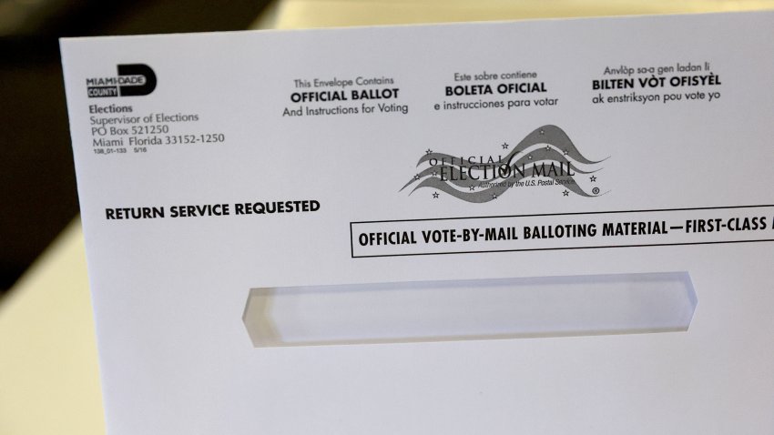 MIAMI, FLORIDA – JULY 21: A vote-by-mail ballot envelope is shown to the media at the Miami-Dade Election Department headquarters  on July 21, 2022 in Miami, Florida. The Miami-Dade County Elections Department began mailing the domestic vote-by-mail ballots to voters with a request on file for the August 23, 2022 Primary Election. (Photo by)