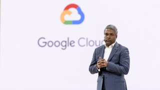 Thomas Kurian, CEO of Google Cloud, speaks at a cloud-computing conference held by the company in 2019.