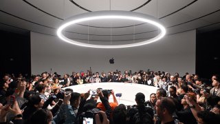 Apple’s new Vision Pro virtual reality headset is displayed during Apple’s Worldwide Developers Conference (WWDC) at the Apple Park campus in Cupertino, California, on June 5, 2023.