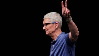 Apple CEO Tim Cook gestures during the annual developer conference event at the company’s headquarters in Cupertino, California, U.S., June 10, 2024.
