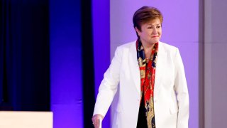 IMF Managing Director Kristalina Georgieva arrives at a briefing in Washington, D.C., on Friday, April 19, 2024.
