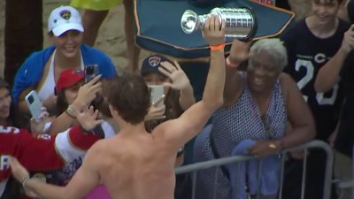 Nick Cousins celebrates with fans at Panthers victory parade