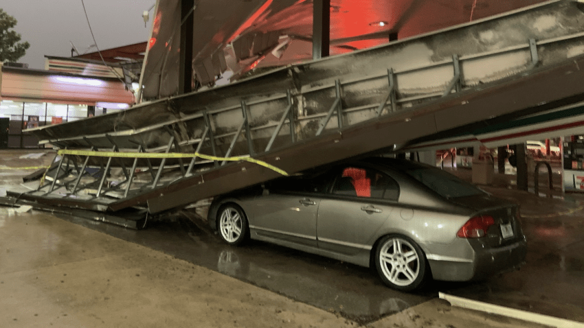 Severe weather collapsed the roof of a 7-Eleven that then fell onto a car with people inside near Orlando on Thursday. 