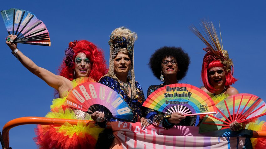 Revelers take part in the annual Gay Pride Parade in Sao Paulo