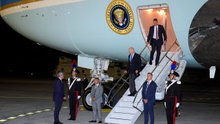 President Joe Biden arrives on Air Force One at Brindisi International Airport, Wednesday, June 12, 2024, in Brindisi, Italy.