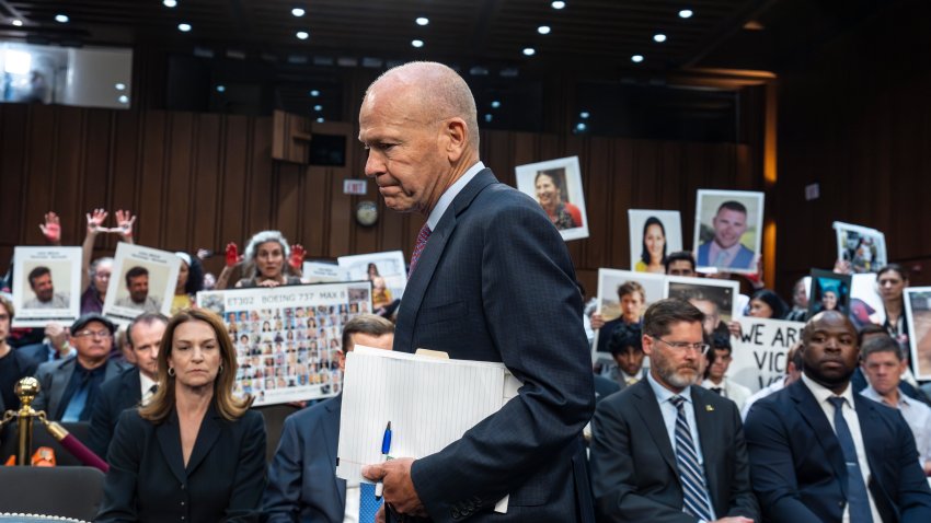 With protesters in the audience, Boeing CEO Dave Calhoun arrives to testify before the Senate Homeland Security and Governmental Affairs Subcommittee on Investigations to answer to lawmakers about troubles at the aircraft manufacturer since a panel blew out of a Boeing 737 Max during an Alaska Airlines flight in January, at the Capitol in Washington, Tuesday, June 18, 2024.