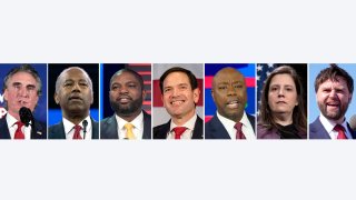 This combination photo shows the shortlist of vice presidential contenders former President Donald Trump has selected as he prepares to announce his pick in the days before, or perhaps at, next month's Republican National Convention. Pictured from left are North Dakota Gov. Doug Burgum, Ben Carson, former U.S. Secretary of Housing and Urban Development, Rep. Byron Donalds, R-Fla., Sen. Marco Rubio, R-Fla., Sen. Tim Scott, R-S.C., Rep. Elise Stefanik, R-N.Y., and Sen. J.D. Vance, R-Ohio.