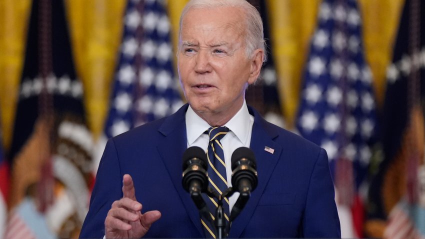 President Joe Biden speaks in the East Room at the White House in Washington.