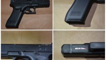 This combination of images released by the Utica Police Department shows a replica of a Glock 17 Gen 5 handgun recovered after an officer fatally shot a 13-year-old boy who had been tackled to the ground after he ran from police and pointed the replica gun at them on Friday, June 28, 2024, in Utica, N.Y. (Utica, N.Y., Police Department via AP)