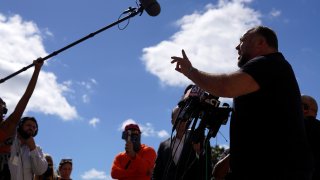 Alex Jones Speaks To the media outside the Sandy Hook trial In Waterbury, Connecticut.