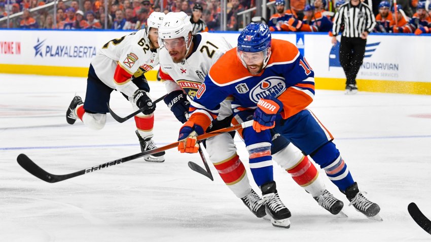 EDMONTON, CANADA – JUNE 21: Derek Ryan #10 of the Edmonton Oilers skates against Nick Cousins #21 of the Florida Panthers in Game Six of the 2024 Stanley Cup Final at Rogers Place on June 21, 2024, in Edmonton, Alberta, Canada. (Photo by Andy Devlin/NHLI via Getty Images)