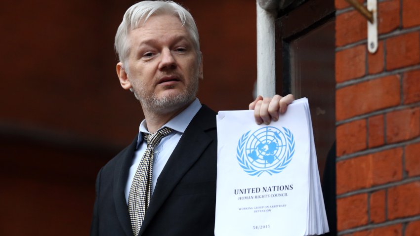 Wikileaks founder Julian Assange speaks from the balcony of the Ecuadorian embassy.