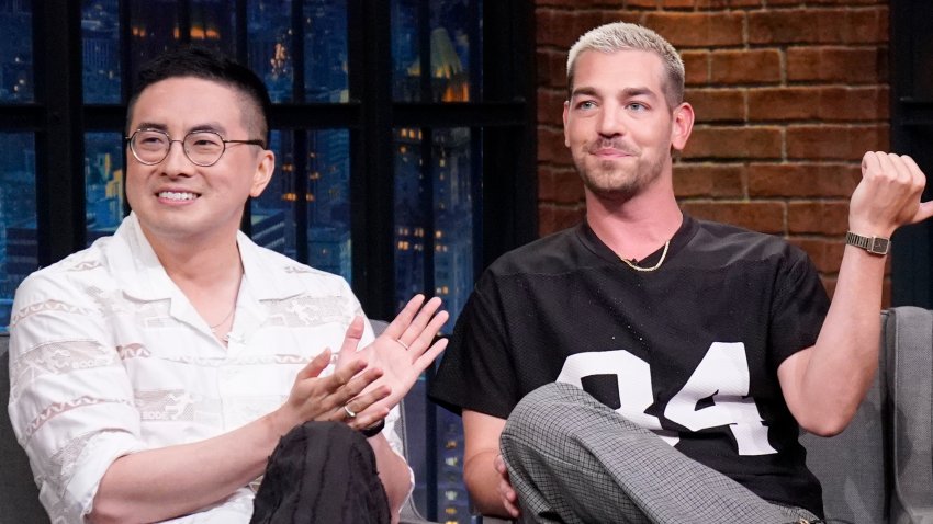 Bowen Yang and Matt Rogers present Seth with Las Culturistas' Best Vibe, Hands Down Award