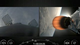 SpaceX’s Falcon 9 is pictured launching satellites to orbit in space after it lifted off from the Vandenberg Space Force Base in California, U.S., in this screenshot obtained from a handout video released on July 12, 2024. 