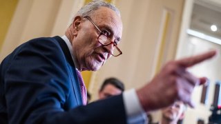 Senate Majority Leader Charles Schumer, D-N.Y., fields questions about the candidacy of President Joe Biden after Senate luncheons in the U.S. Capitol, July 9, 2024.