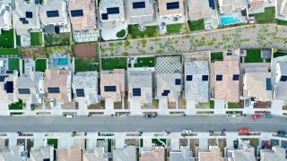 An aerial view of homes in a housing development on September 08, 2023 in Santa Clarita, California.