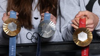 Olympic and Paralympic medals are shown during the unveiling of the Paris 2024 Olympic and Paralympic Games Medals on February 1, 2024 in Paris, France.