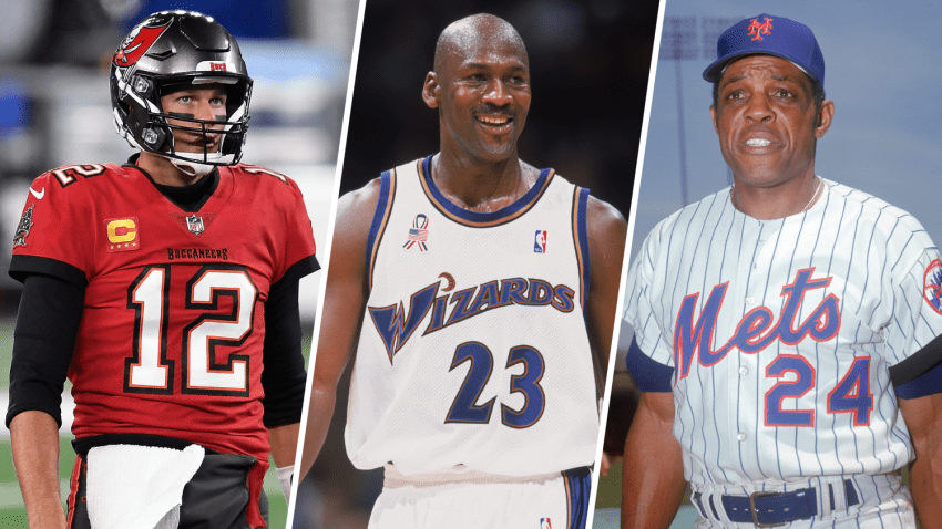 Split image of Tom Brady, Michael Jordan and Willie Mays