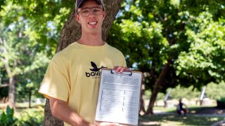 Nate Golden, president of the Maryland Child Alliance, poses for a portrait with a petition form for the Baltimore Baby Fund, Wednesday, July 3, 2024, in Baltimore.