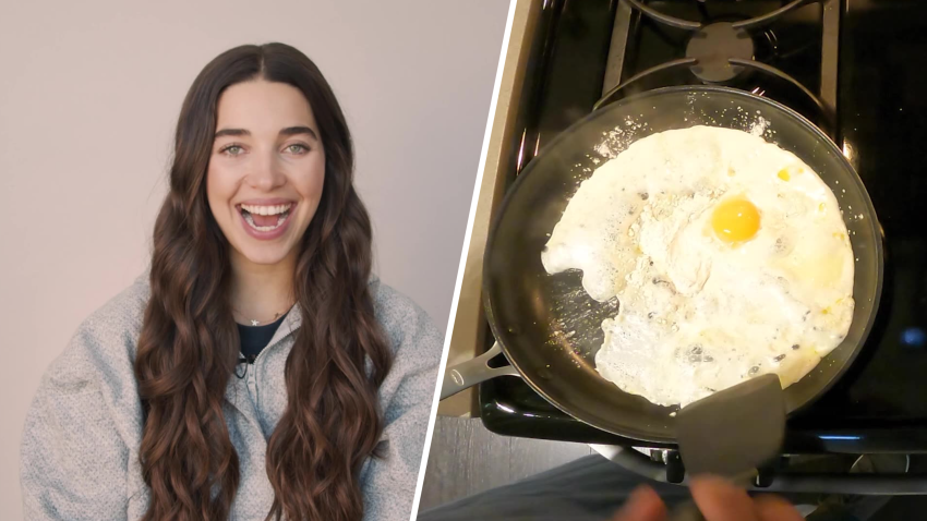 Brooke Raboutou next to a pan with an egg