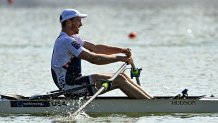 Racice , Czech Republic - 25 September 2022; Benjamin Davison of USA on his way to finishing second in the Men's Single Sculls Final B, in a time of 06:58.72, during day 8 of the World Rowing Championships 2022 at Raice in Czech Republic. (Photo By Piaras Ó Mídheach/Sportsfile via Getty Images)