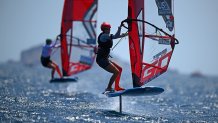 MARSEILLE, FRANCE - JULY 07: Dominique Stater of USA in action on her Women’s iQFOiL Class board during a practice session ahead of the Paris 2024 Sailing Test Event at Marseille Marina on July 07, 2023 in Marseille, France. (Photo by Clive Mason/Getty Images)