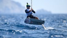 MARSEILLE, FRANCE - JULY 10: Markus Edegran of USA in action during a Mens Kite race during day two of the Paris 2024 Sailing Test Event at Marseille Marina on July 10, 2023 in Marseille, France. (Photo by Clive Mason/Getty Images)