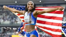 BUDAPEST, HUNGARY: August 26: Twanisha Terry of the United States celebrates The United States 4x 100m Relay team's gold medal win during the World Athletics Championships, at the National Athletics Centre on August 26th, 2023 in Budapest, Hungary. (Photo by Tim Clayton/Corbis via Getty Images)