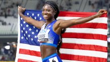 BUDAPEST, HUNGARY: August 26: Tamari Davis of the United States celebrates The United States 4x 100m Relay team's gold medal win during the World Athletics Championships, at the National Athletics Centre on August 26th, 2023 in Budapest, Hungary. (Photo by Tim Clayton/Corbis via Getty Images)