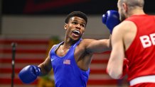 Lombardy , Italy - 7 March 2024; Mohamed Rachem of Belgium, right, in action against Omari Jones of USA during their Men's 71kg Round of 32 bout during day five at the Paris 2024 Olympic Boxing Qualification Tournament at E-Work Arena in Busto Arsizio, Italy. (Photo By Ben McShane/Sportsfile via Getty Images)