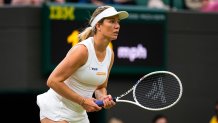 LONDON, ENGLAND - JULY 08: Danielle Collins of the United States in action against Barbora Krejcikova of the Czech Republic in the fourth round on Day Eight of The Championships Wimbledon 2024 at All England Lawn Tennis and Croquet Club on July 08, 2024 in London, England (Photo by Robert Prange/Getty Images)