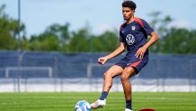 BORDEAUX, FRANCE - JULY 17: Nathan Harriel passes the ball during USMNT U23 training on July 17, 2024 in Bordeaux, France. (Photo by Andrea Vilchez/ISI/Getty Images)