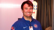 PARIS, FRANCE - JULY 19: U.S. Olympian David Liebenberg tries on clothes during Team USA Welcome Experience ahead of Paris 2024 Summer Olympics at Nike on July 19, 2024 in Paris, France.  (Photo by Joe Scarnici/Getty Images for USOPC)