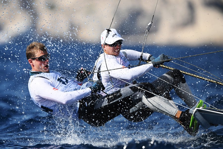 Daniel Nyborg and Nikolaj Hoffmann Buhl of Team Denmark compete in the Men's Skiff class