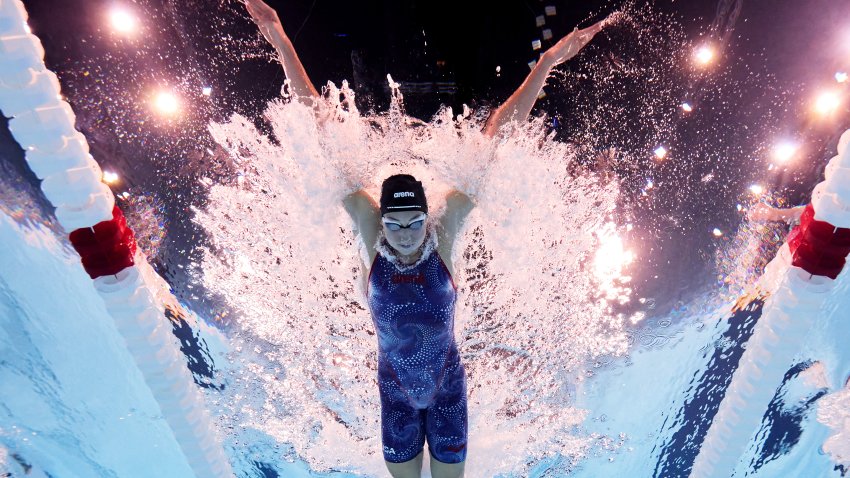 NANTERRE, FRANCE – JULY 28: (EDITORS NOTE: Image was captured using an underwater robotic camera.) Gretchen Walsh of Team United States competes in the Women’s 100m Butterfly Final on day two of the Olympic Games Paris 2024 at Paris La Defense Arena on July 28, 2024 in Nanterre, France. (Photo by Adam Pretty/Getty Images)