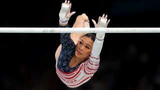 PARIS, FRANCE – JULY 30: Sunisa Lee of Team United States competes on the uneven bars during the Artistic Gymnastics Women’s Team Final on day four of the Olympic Games Paris 2024 at Bercy Arena on July 30, 2024 in Paris, France. (Photo by Jamie Squire/Getty Images)