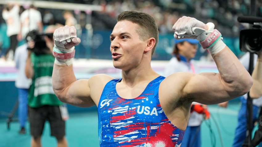 Jul 27, 2024; Paris, France; USA gymnast Paul Juda reacts after performing on the high bar during the Paris 2024 Olympic Summer Games at Bercy Arena. Mandatory Credit: Kyle Terada-USA TODAY Sports