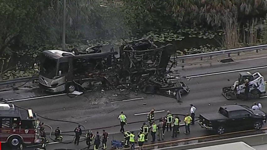 A large RV caught on fire Tuesday, July 23, 2024, causing traffic delays on southbound Florida’s Turnpike in Lauderhill.