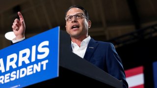 Pennsylvania Gov. Josh Shapiro holds a rally with Michigan Gov. Gretchen Whitmer (not pictured) in support of U.S. Vice President Kamala Harris' Democratic presidential election campaign in Ambler, Pennsylvania, on July 29, 2024.