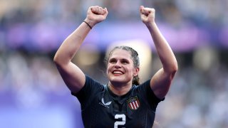 Ilona Maher, #2 of Team USA, celebrates following a victory during the Women’s Rugby Sevens Bronze medal match between Team USA and Team Australia on day four of the Olympic Games Paris 2024 at Stade de France in Paris, France, on July 30, 2024.