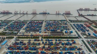 An aerial photo is showing containers at Beilun Port in Ningbo, Zhejiang province, China, on April 11, 2024.