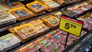 A meat counter showing a variety of sausages at a Fred Meyer grocery store, a sub of Kroger, in Palmer, Alaska.