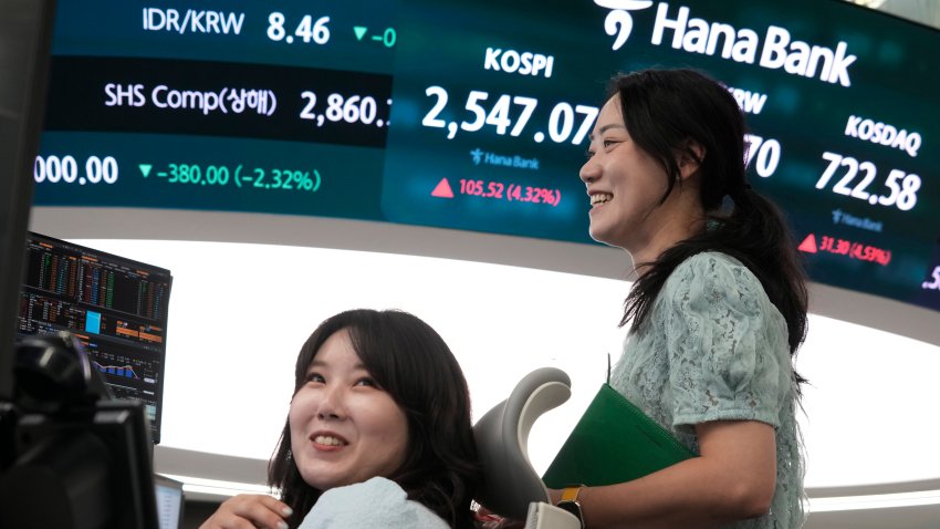 Currency traders react near a screen showing the Korea Composite Stock Price Index (KOSPI), top center, at the foreign exchange dealing room of the KEB Hana Bank headquarters in Seoul, South Korea, Tuesday, Aug. 6, 2024.