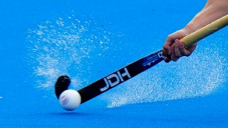 FILE – A view of a player holding a hockey stick, during the 2024 Summer Olympics, Sunday, Aug. 4, 2024, in Colombes, France. (AP Photo/Aijaz Rahi, File)