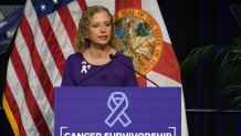 U.S. Rep. Debbie Wasserman Schultz speaks during the Cancer Survivorship Summit, Monday, Oct. 16, 2023, on the campus of Nova Southeastern University in Davie, Florida. (Joe Cavaretta/South Florida Sun Sentinel/Tribune News Service via Getty Images)