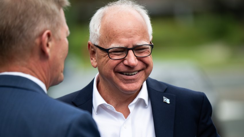 Minnesota Governor Tim Walz arrives to speak at a press conference regarding new gun legislation at City Hall on August 1, 2024 in Bloomington, Minnesota.